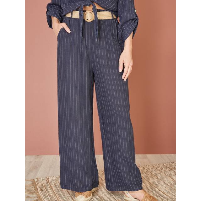 Yumi Womens Navy Striped Italian Linen Wide Leg Trousers With Belt - Size Small
