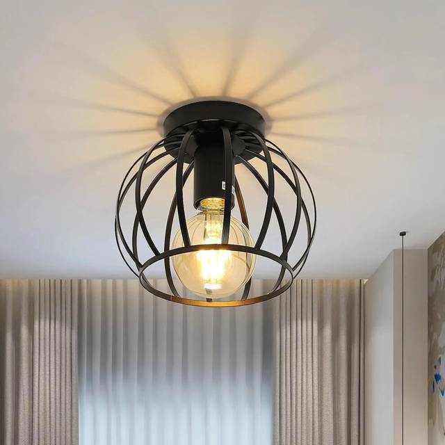 Vintage Ceiling Light, Black Semi Flush Mount Ceiling Light, Metal Cage Ceiling Light Shade