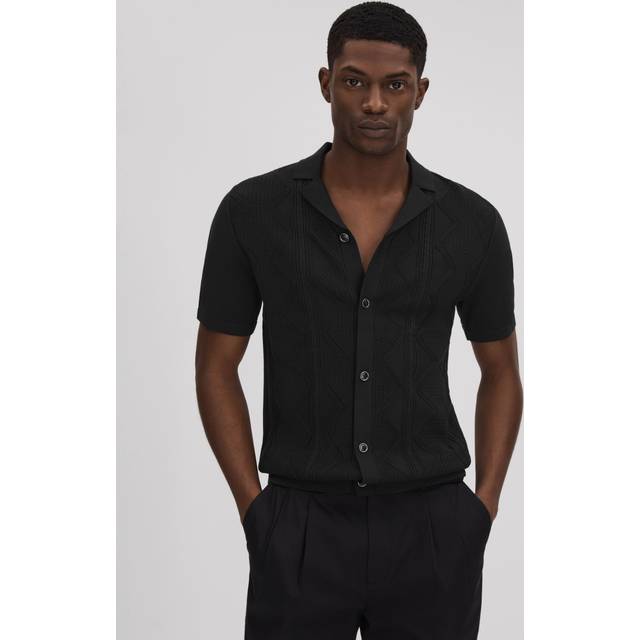 Reiss Mens Black Fortune Cable-knit Cotton Shirt Xl - BLACK