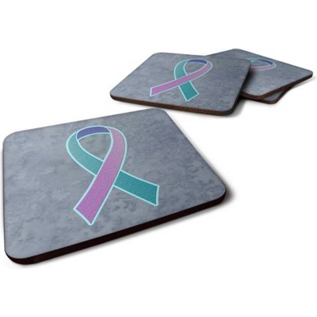 Caroline's Treasures AN1217FC Teal  Pink and Blue Ribbon for Thyroid Cancer Awareness Foam Coaster Set of 4  3.5 H x 3.5 W  Multicolor