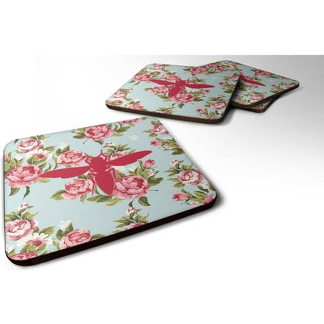 """""Caroline's Treasures BB1053-RS-BU-FC Yellow Jacket Shabby Chic Blue Roses Foam Coasters (Set of 4)  3.5"""""""" H x 3.5"""""""" W  Multicolor"""""