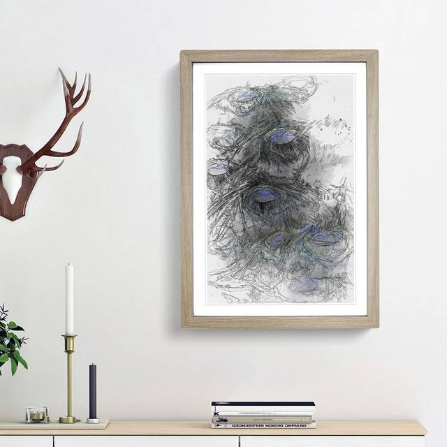 The Feathers of a Peacock in Abstract - Picture Frame Graphic Art Print - Oak Framed (65cm H x 48cm W x 2cm D)
