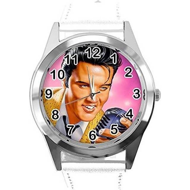 White Leather Round Watch for Rock and ROLL Fans E1 - Blue
