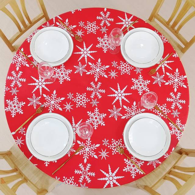 Round fitted vinyl tablecloth is perfect for Christmas/party/home, oil waterproof wipeable, snowflake pattern fits 36-44 inches in diameter