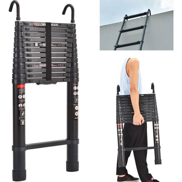 Aluminum Telescopic Ladder with Hooks 5M Extension Multi-Purpose Climb Ladder 330lb/150k Load Capacity for Home Loft Attic