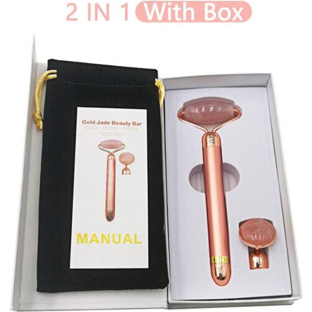 (2 IN 1 Pink with box) 3 In 1 Electric Jade Roller Slimming Face Massage Lifting Vibrating Natural Rose Quartz Jade Roller Stone Facial Beauty Tool