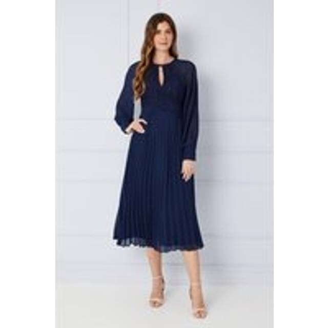 Womens Occasion Lace Insert Pleated Midi Dress - Navy - 12