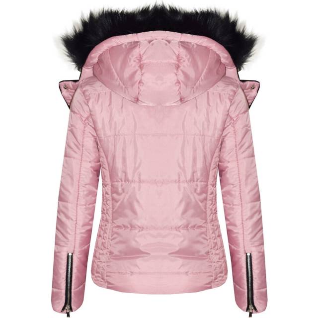 (7-8 Years) Kids Girls Jackets Pink Cropped Padded Puffer Bubble Fur Collar Warm Thick Coats