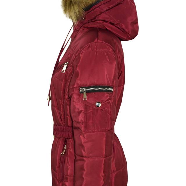 (5-6 Years) Kids Girls Jacket Puffer Hooded Faux Fur Wine Padded Zipped Belted Top Warm Coat