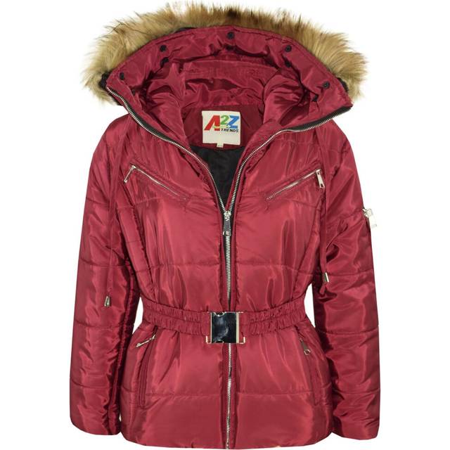 (13 Years, Wine) Kids Girls Jacket Puffer Hooded Faux Fur Padded Zipped Belted Slim Fit Warm Coat