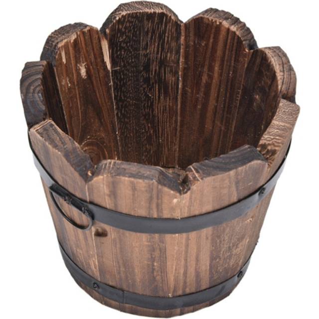 Balcony Vegetable Succulent Carbonized Wood Flower Pot Retro Small Wooden Bucket Home Decoration, Size:S, Style:Wave Mouth