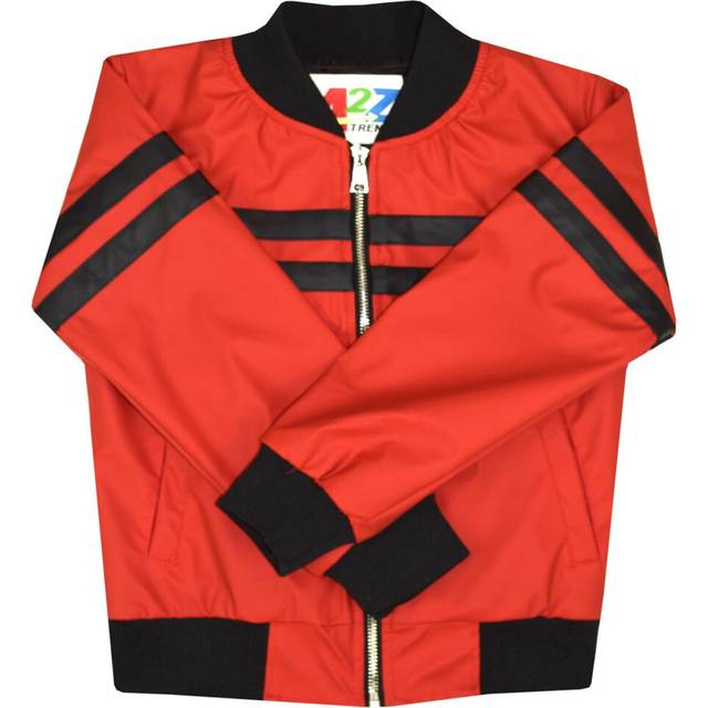 Kids boys girls jacket contrast striped red pu bomber varsity school bikers coat