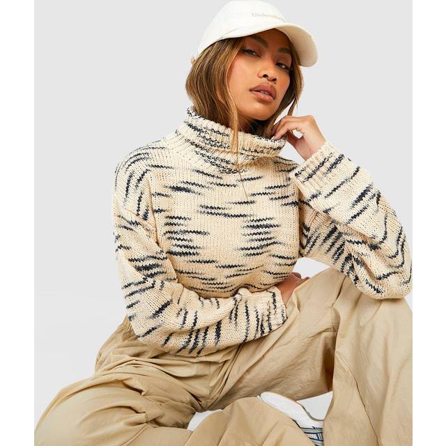 Womens Marl Knit Roll Neck Crop Jumper - Cream - S, Cream