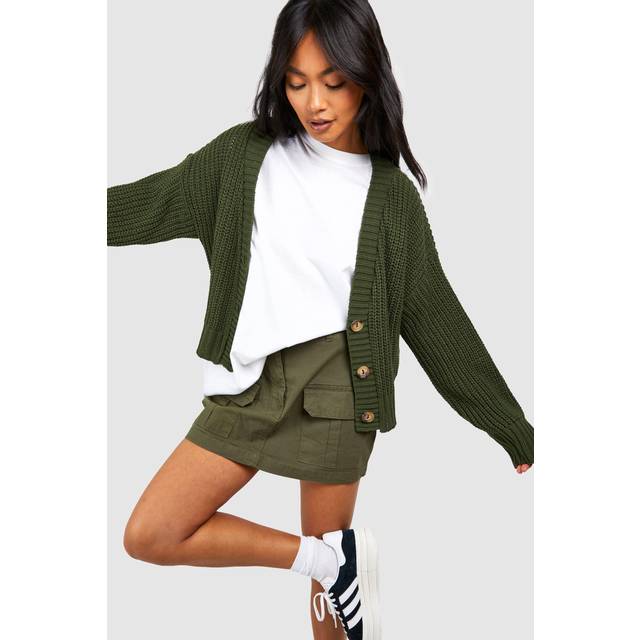 Womens Chunky Knit Cropped Cardigan - Green - L, Green
