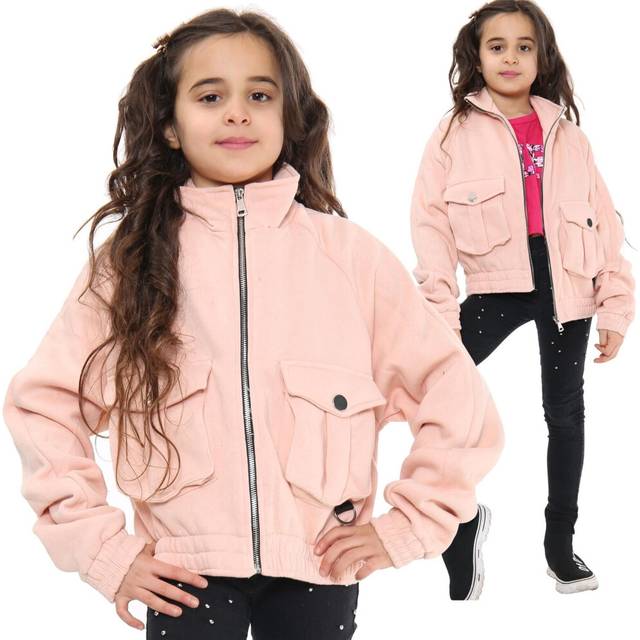 (11-12 Years, Blush) Kids Girls Plain Zip Up Jackets Collared Coats