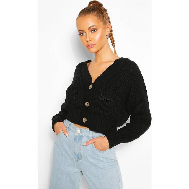 Womens Chunky Knit Cropped Cardigan - Black - S, Black
