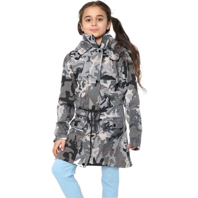 (13 Years, Camo Charcoal) Girls Hooded Camo Charcoal Faux Fur Parka Jacket