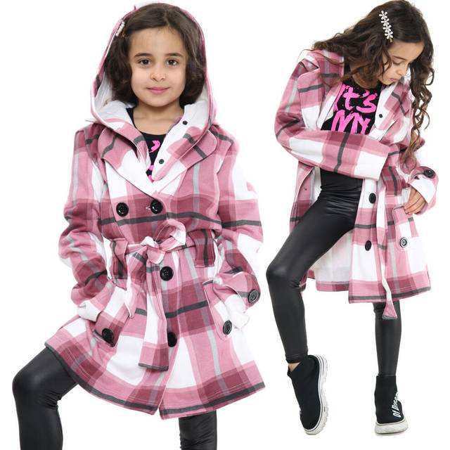 (11-12 Years, Wine Check) Girls Hooded Trench Padded Lapels Long Parka Jacket