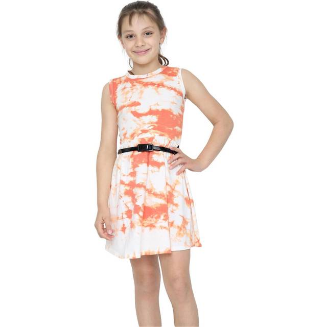(7-8 Years, Tie Dye Orange) Girls Skater Party Dresses With Free Belt 7-13