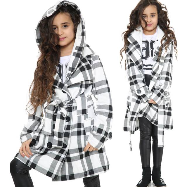 (11-12 Years, Black & White Check) Girls Hooded Black & White Check Long Parka Jacket