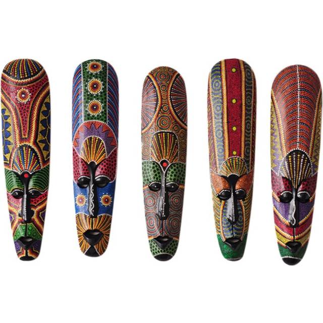 Wooden Mask Wall Hanging Solid Wood Carving Painted Wall Decor Bar Home Decorations African Mask Crafts B
