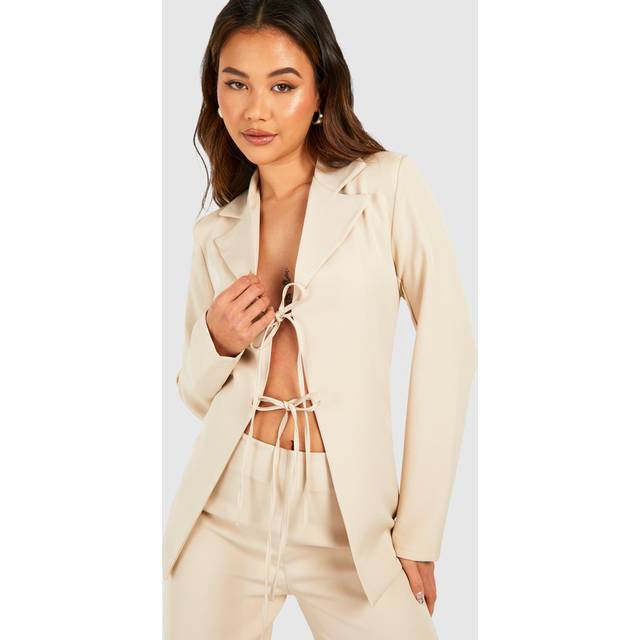 Womens Tie Plunge Front Fitted Blazer - Beige - 8