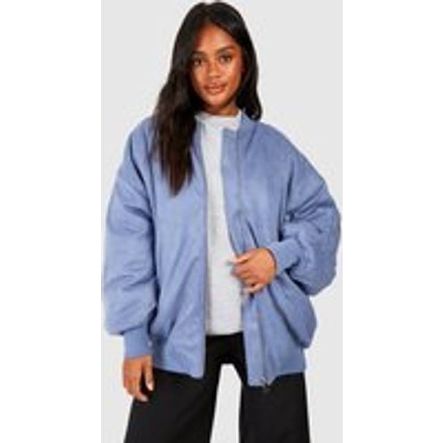 Womens Oversized Faux Suede Bomber Jacket - Blue - 14