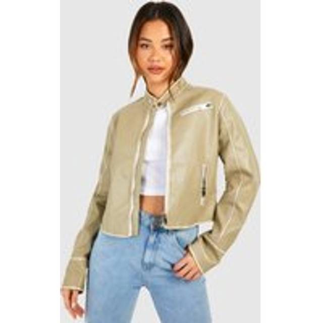Womens Fitted Moto Vintage Look Faux Leather Jacket - Grey - 14, Grey