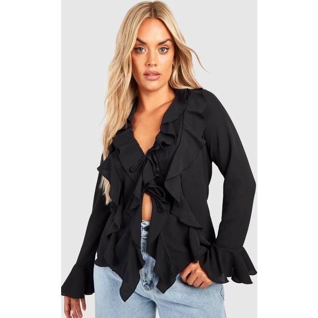 Womens Plus Double Ruffle Frill Blouse - Black - 16
