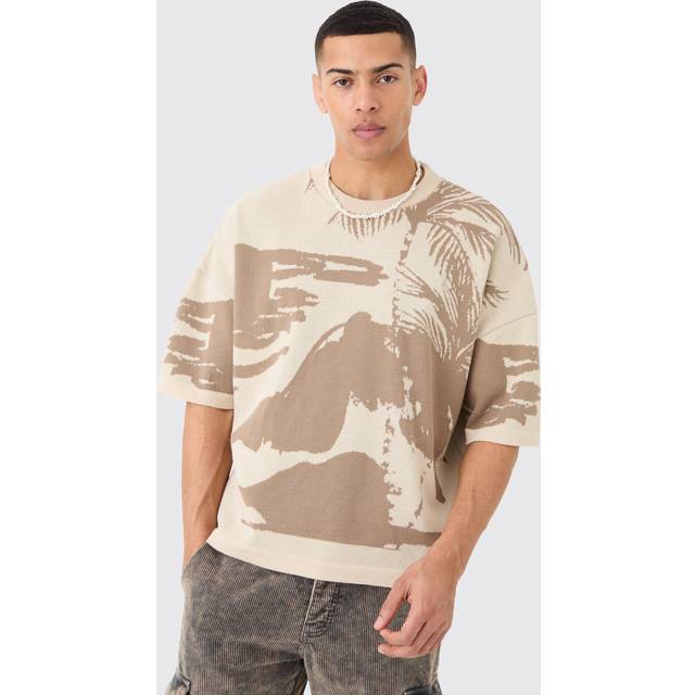 Oversized Tonal Scenic Drawing Knitted T-shirt - Beige - S