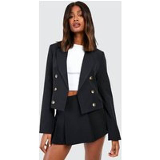 Womens Mock Horn Double Breasted Longline Cropped Blazer - Black - 16