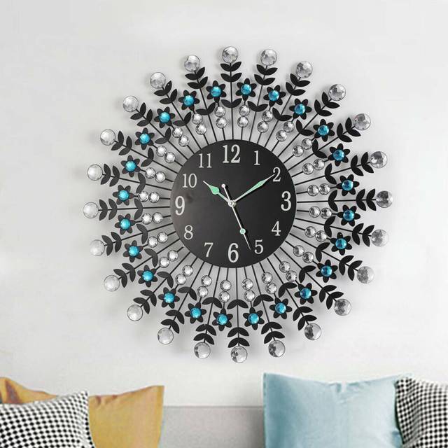 Large Modern 3D Crystal Wall Clock Luxury Round Dial Black Drops Home Office
