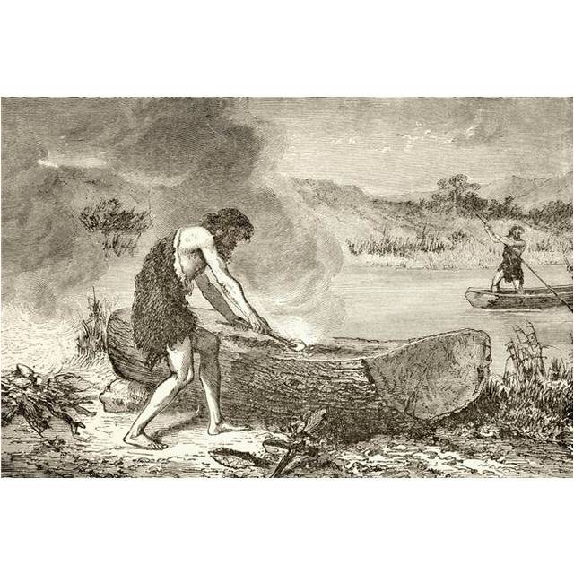 A Prehistoric Man Using Fire to Fashion A Canoe From A Log From The Book Chips From The Earths Crust Published 1894 Poster Print, 36 x 24 - Large