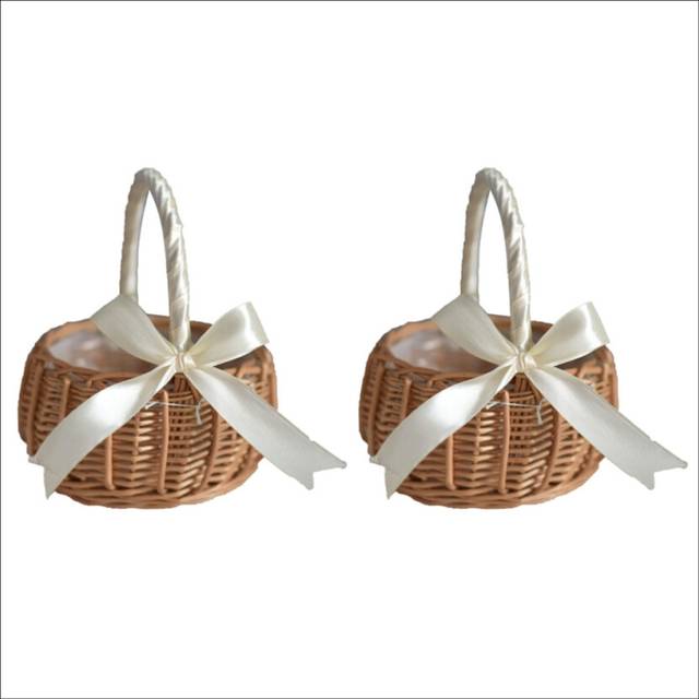 2Pcs Woven Rattan Storage Basket Flower Girl Hand Basket Handmade with Bow,Small