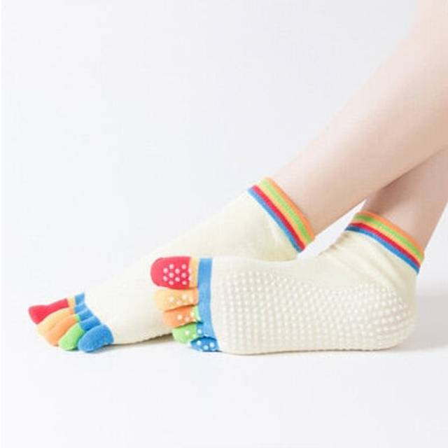 (Colorful Yellow) Women Anti Slip Elastic Yoga Socks 5 Fingers Toe Ballet Girls Pilates Fitness Gym Sport Colourful