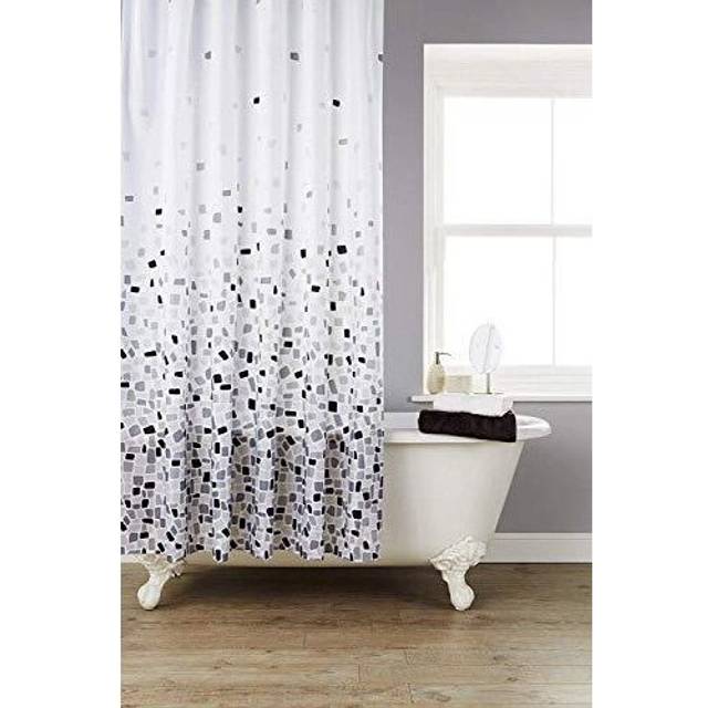 KAV Shower Curtain Fabric Water Proof Extra Full Bath Coverage 220 cm (Wide) x 180 cm (Drop) 100% Polyester Weighted Hem (Mosaic Grey/White)