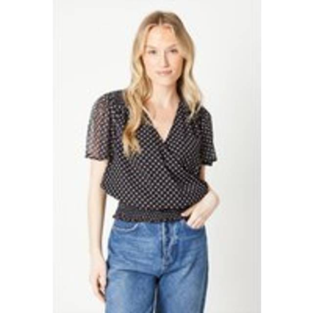 Womens Spot Chiffon Shirred Hem Wrap Blouse - Black - 16