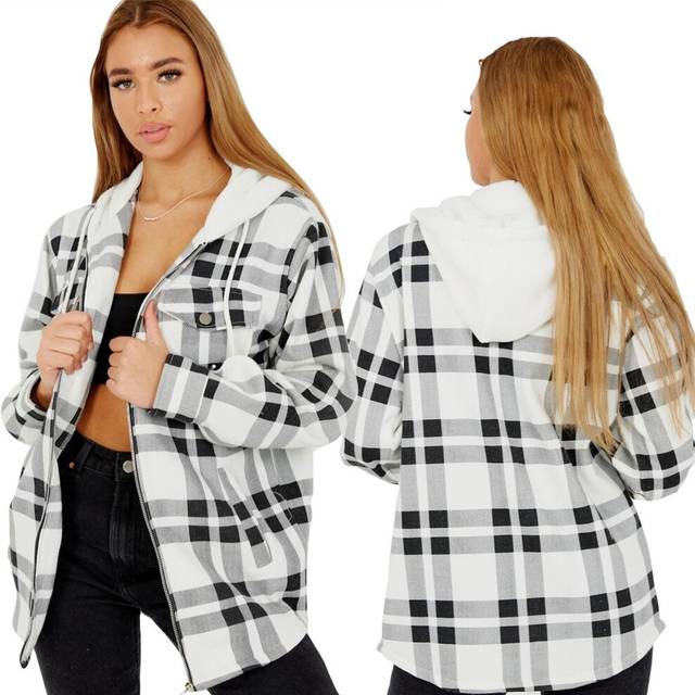 (7-8 Years, Black & White) Girls Black & White Hooded Check Print Jackets