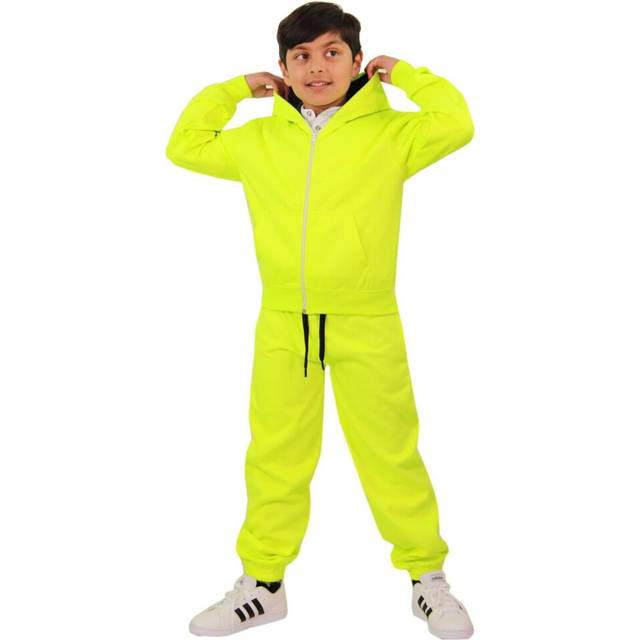 (7-8 Years, Neon Green & Black) Unisex Plain Tracksuit Contrast Hoodie Joggers