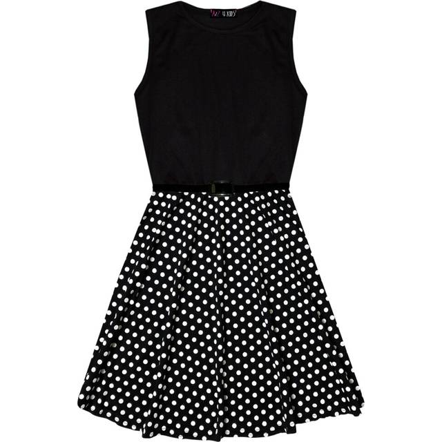 (11-12 Years, Black) Kids Girls Skater Dress Spotty Contrast Panel 5-13