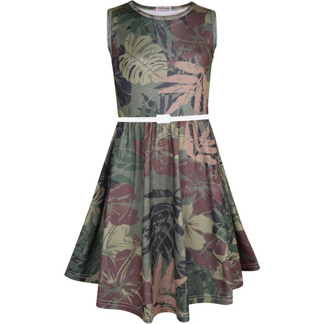 (7-8 Years, Camo Green) Kids Girls Camo Green Leaf Print Party Dresses