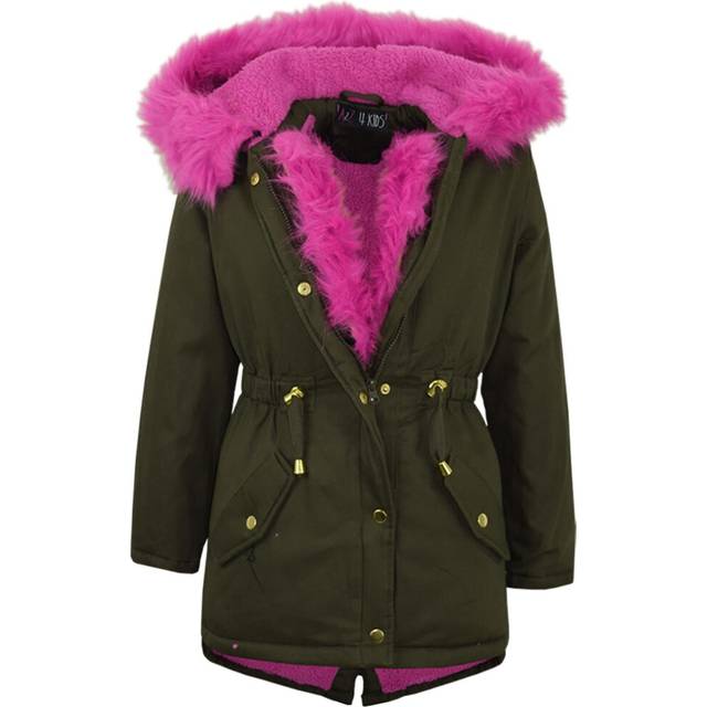 (11-12 Years, Cerise Fur) Girls Hooded Jacket Cerise Fur Parka School Jacket