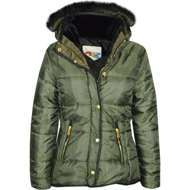 (5-6 Years, Olive) Girls Puffer Quilted Faux Fur Olive Hooded Coat
