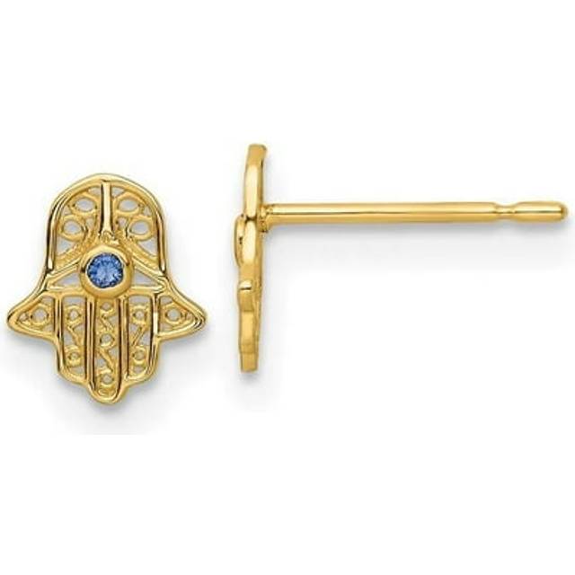 Quality Gold YE2131 14K Yellow Gold Blue Glass Stone Hamsa Post Earrings