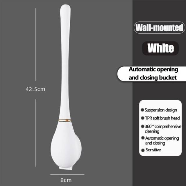 (White) Silicone Toilet Brushes Long Handled Toilet Cleaning Brush  With Holder Set Wall-Mounted Modern