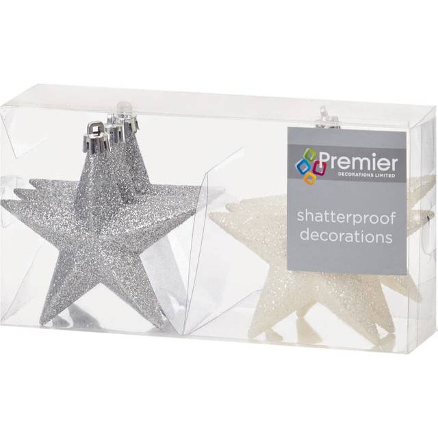 Christmas Tree Decoration 6 100mm Shatterproof Glitter Stars - Silver & White