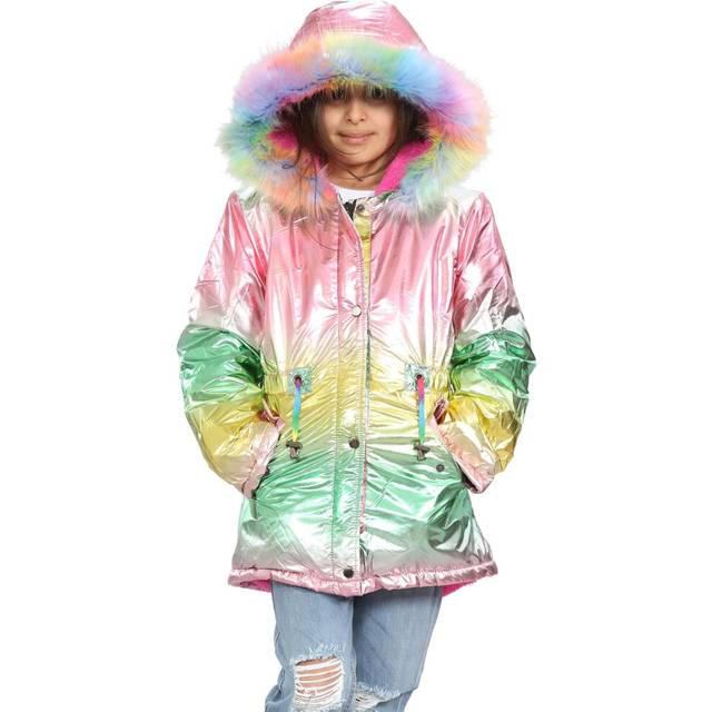 Kids girls longline fashion foil rainbow jacket metallic coat age 5-13 years