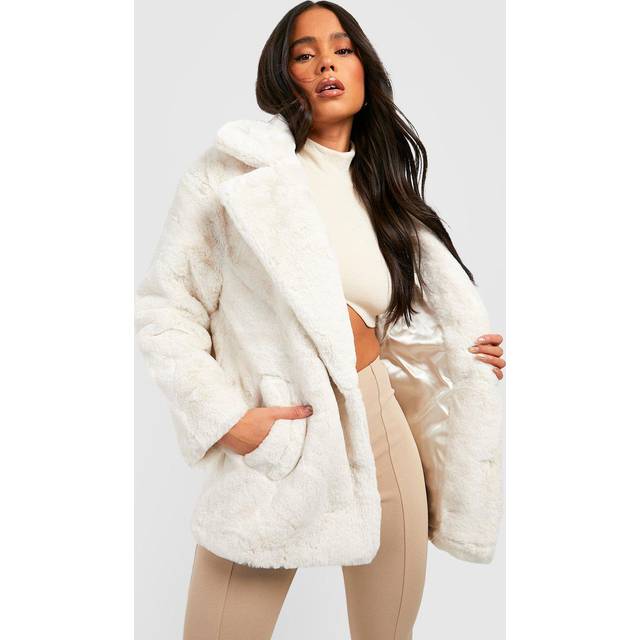 Womens Petite Oversized Collar Luxe Faux Fur Coat - White - 12