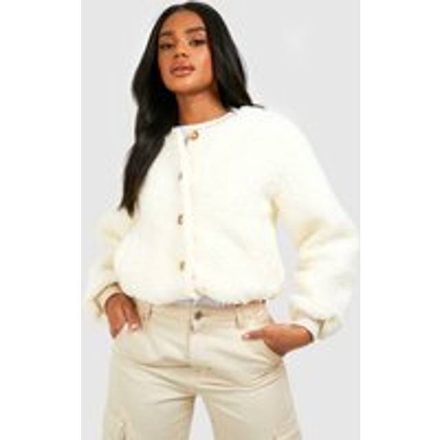 Womens Teddy Faux Fur Bomber Jacket - Tan - 14