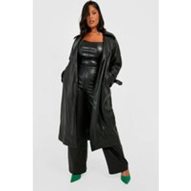 Womens Plus Pu Buckle Cuff Trench Coat - Black - 18, Black